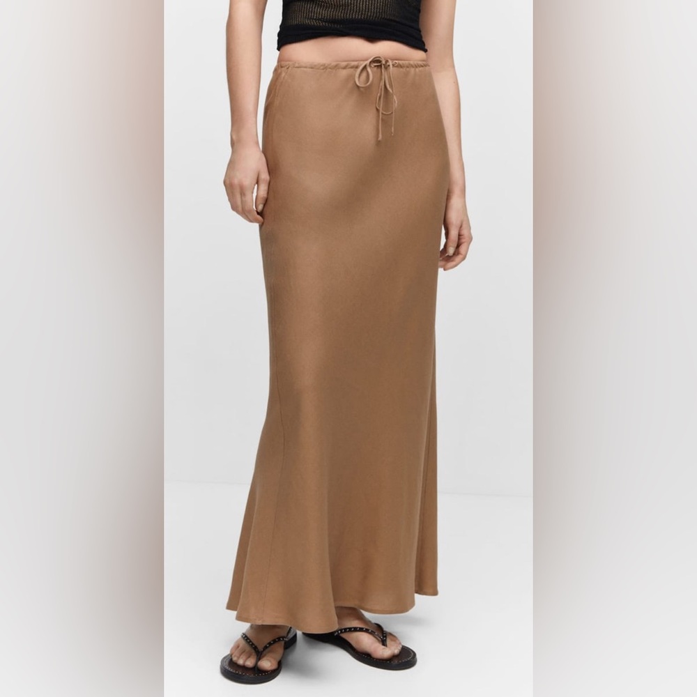 Mango Midi Beige Tie Long Skirt Linen Mix Size XXL 2XL